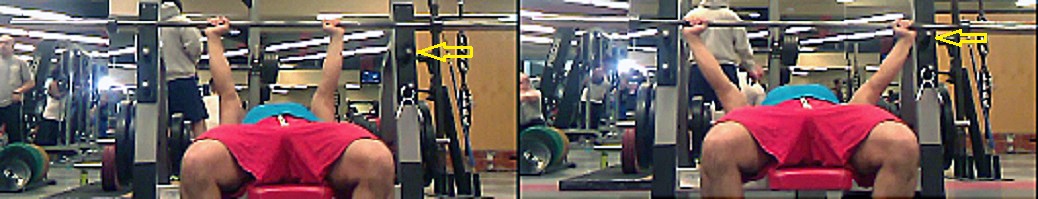 Look at the yellow arrows pointing to the catches on each upright. The wide grip bench (right) clearly cuts off 2-3" of RoM compared to the narrower grip.