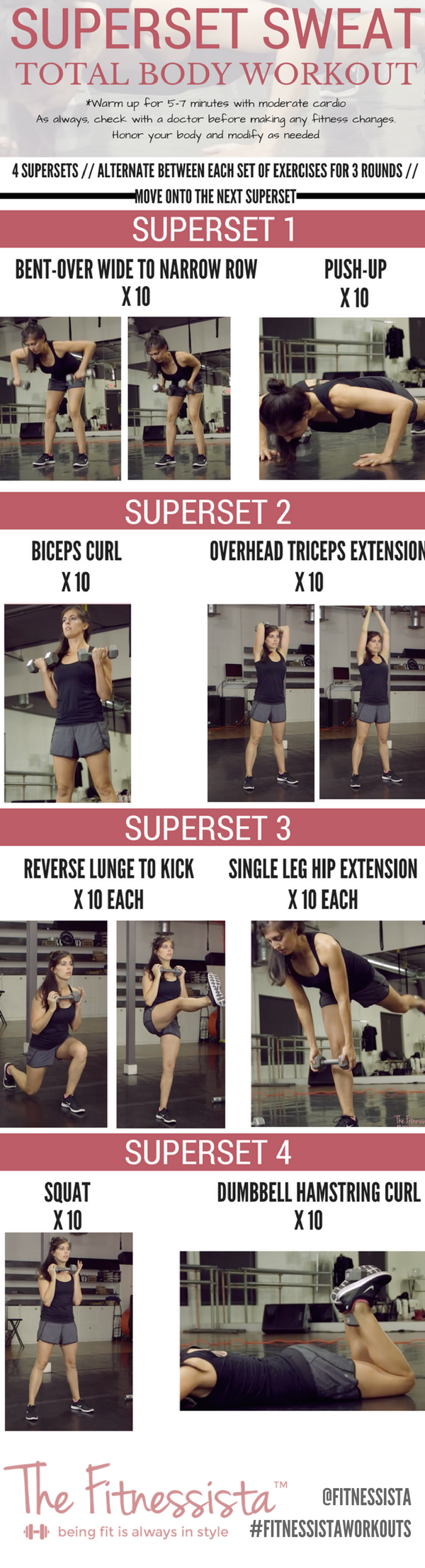 Total body superset workout. All you need is a pair of dumbbells! Work your entire body and burn a ton of calories. fitnessista.com